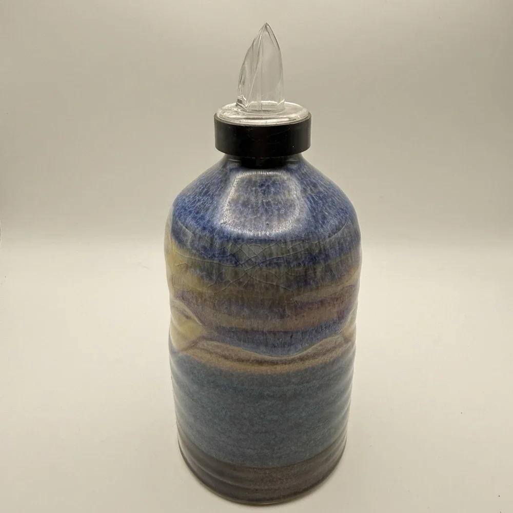 Signed Studio Pottery Cruet Bottle Blue Pottery Oil Vinegar Dispenser